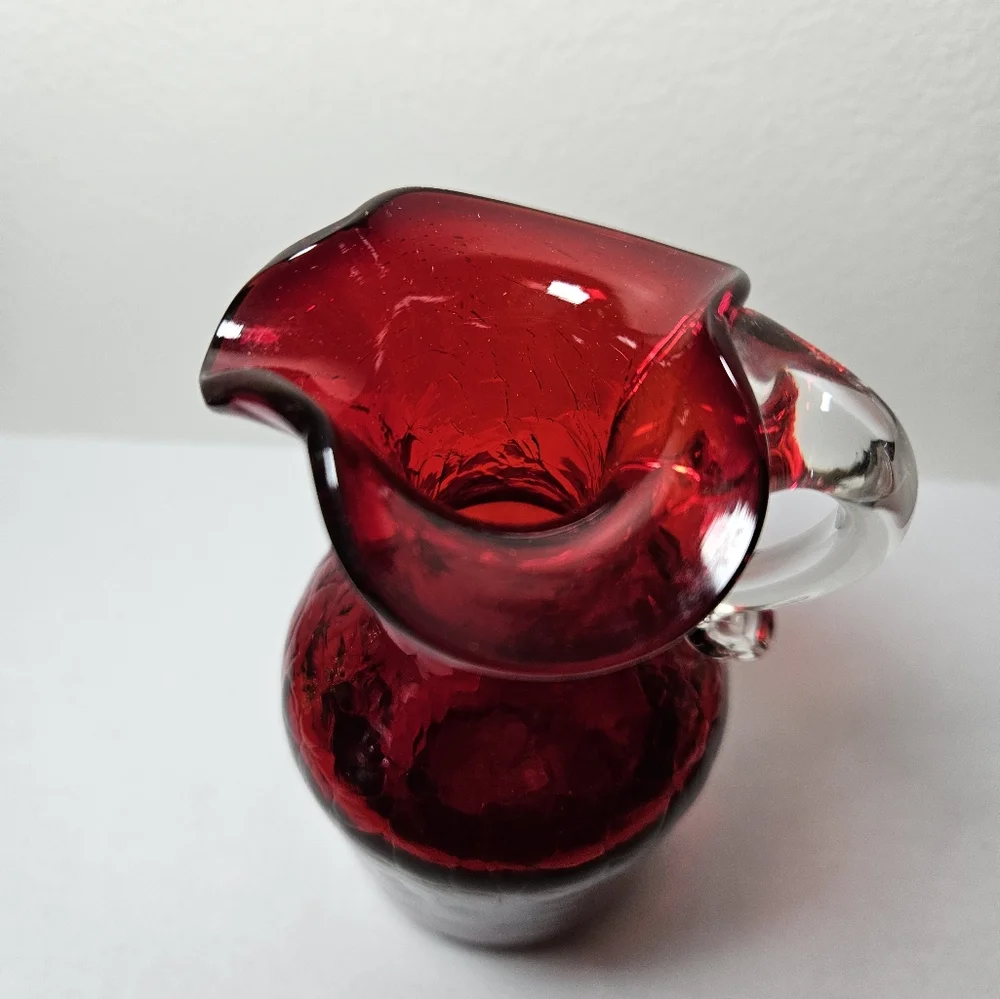 VTG Red Crackle Glass Vase Pitcher Blown Glass, Applied Handle 5" - Picture 2 of 8
